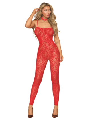 Bodystocking sans couture, fantaisie rouge avec chainettes amovibles - DG0518POI